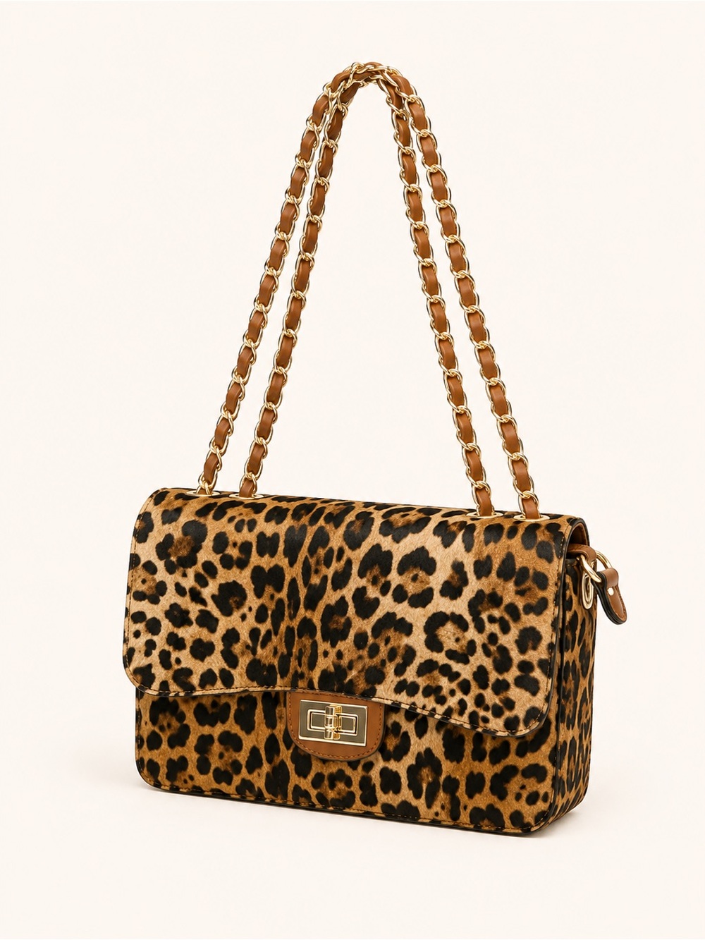 Leopard-Print Chain Shoulder Bag - Brown